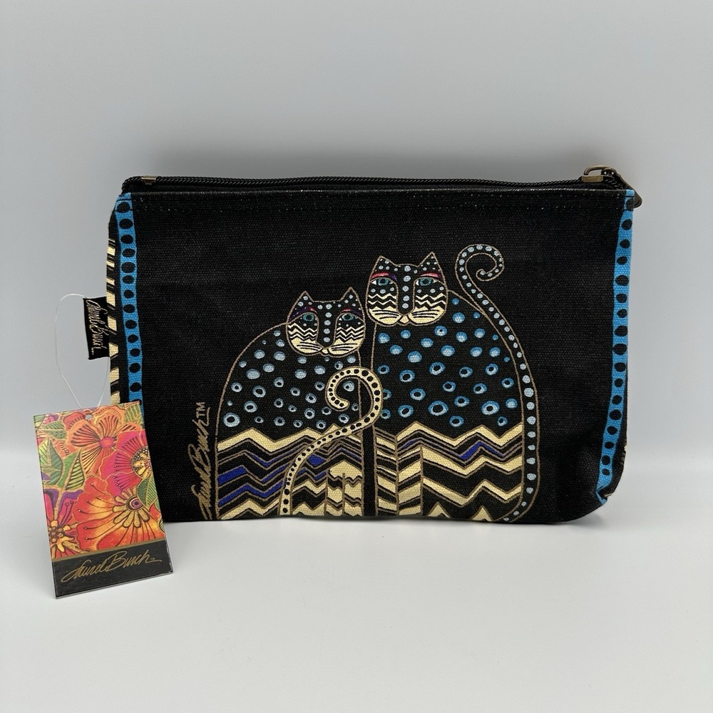 Laurel Burch Cats Zipper Pouch Cosmetic Bag Black Blue Spotted 9"